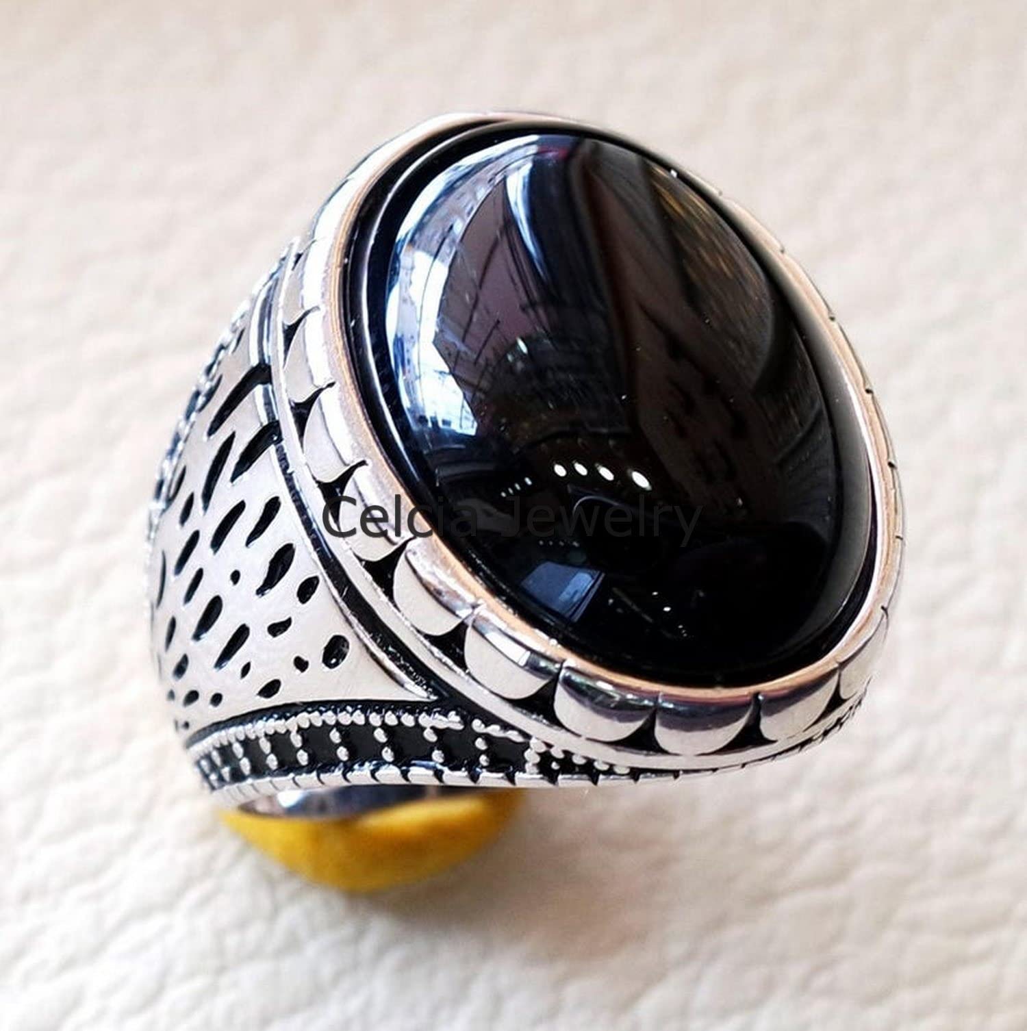 Anello antico pietra preziosa di onice nero, anello per regali di nozze per uomo, regali per l'di compleanno per papà, marito, fidanzato, anello di dichiarazione, regali di fidanzamento (nero-onice)