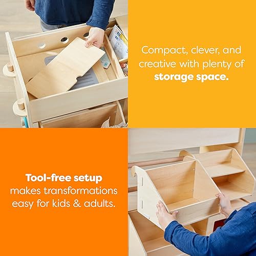 Miniatura 9 de HABA Creative Play 3 en 1 juego de cocina de madera para niños, juego de tienda de comestibles para niños y banco de herramientas para niños,