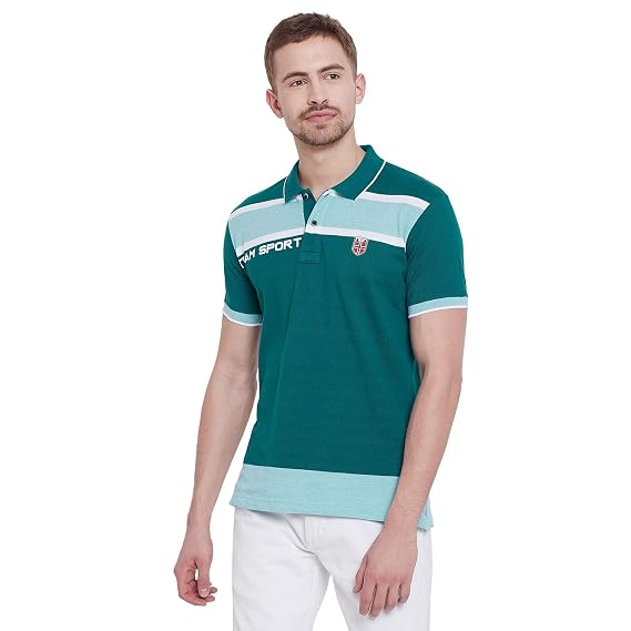 Blue Striped Cotton Polo Collar T-Shirt 
