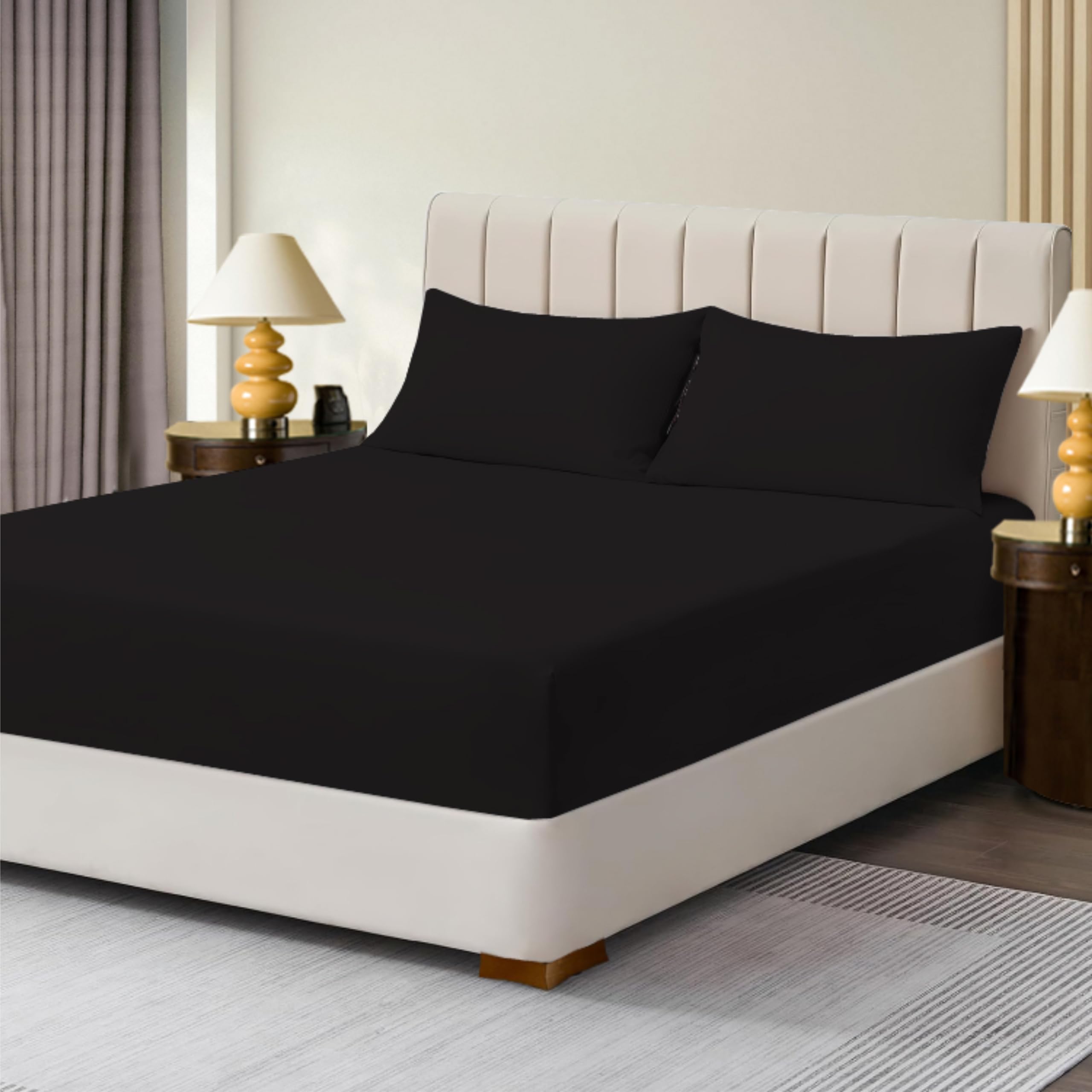 R&Z Black Extra Deep Polycotton Non Iron Fitted Sheet Easy Care 40Cm (, King)