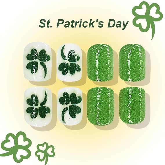 Green Shamrock Press on Nails St. Patrick Day Fake Nails, LPOODDNU Short Square Press on Nails St. Patricks False Nail Tips Glossy Acrylic Nails Press ons Glue on Nails Green Stick on Nails for Women