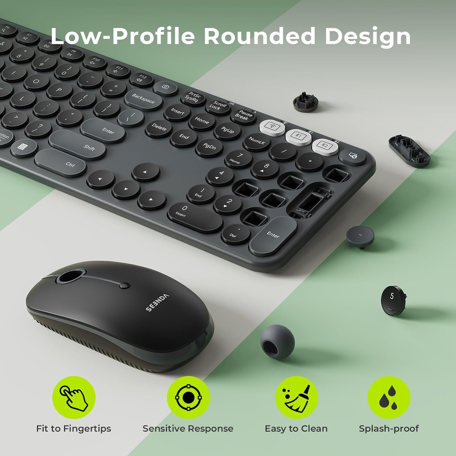 seenda Wireless Bluetooth Keyboard and Mouse Combo, COE202 Retro Cute Round Keycaps, 3 Multi-Device Connection, Full Size Keyboard Compatible for PC/Laptop/Mac/MacBook/iPad/Tablet, Black