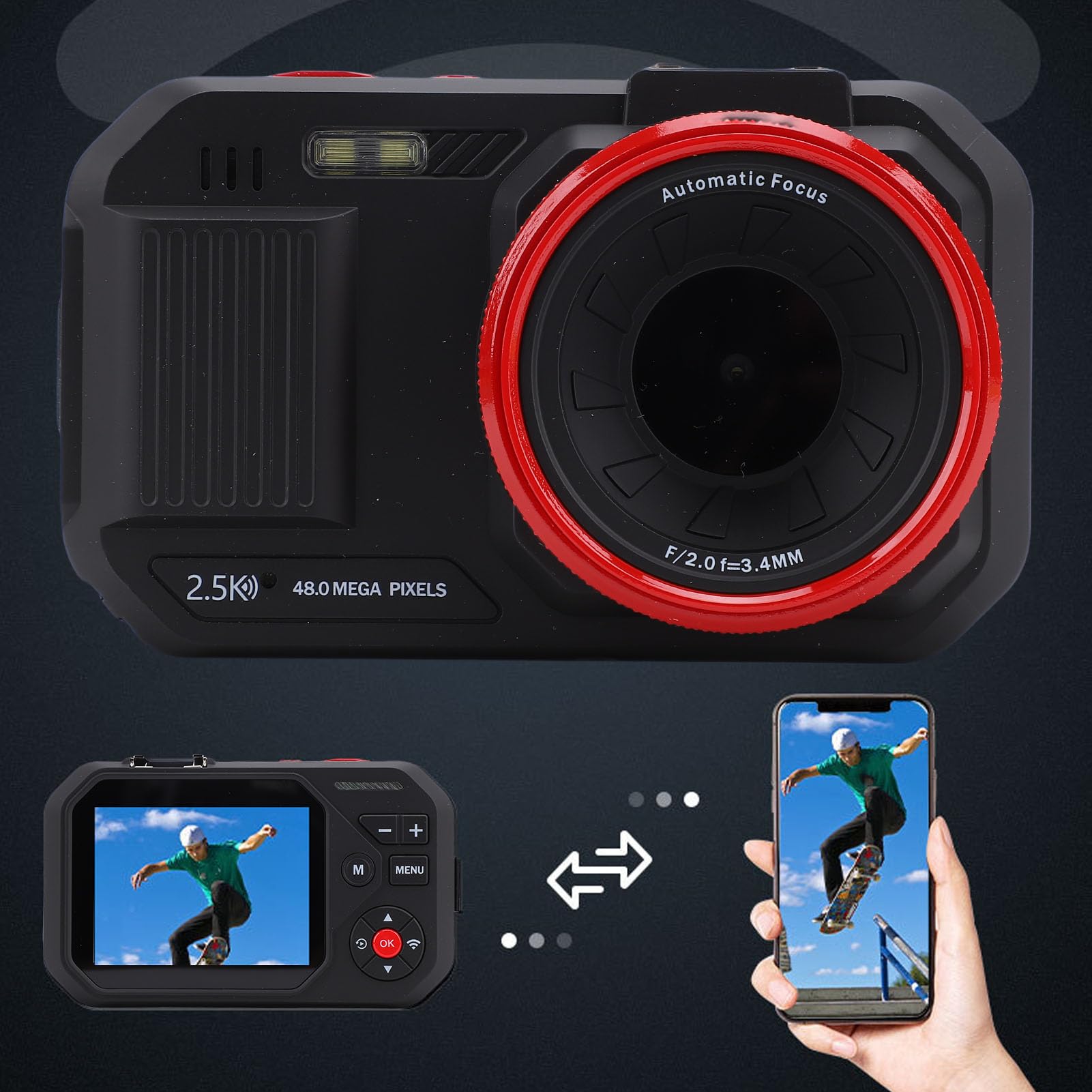 48MP HD 16x Zoom Autofocus WiFi Fotocamera Digitale con Schermo a Colori 2.8 Pollici per Fotografia, Obiettivo Ottico, Sistema di Zoom Digitale 16x, Schermo Display a Colori (Nero)