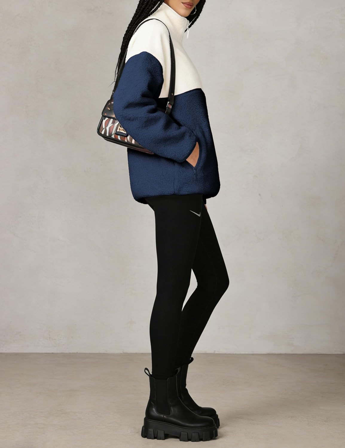 Womens Colorblock Fleece Jacket Half Zip Mockneck Sherpa Pullover Hiking Outdoor Sweatshirts with Pockets - Image 6