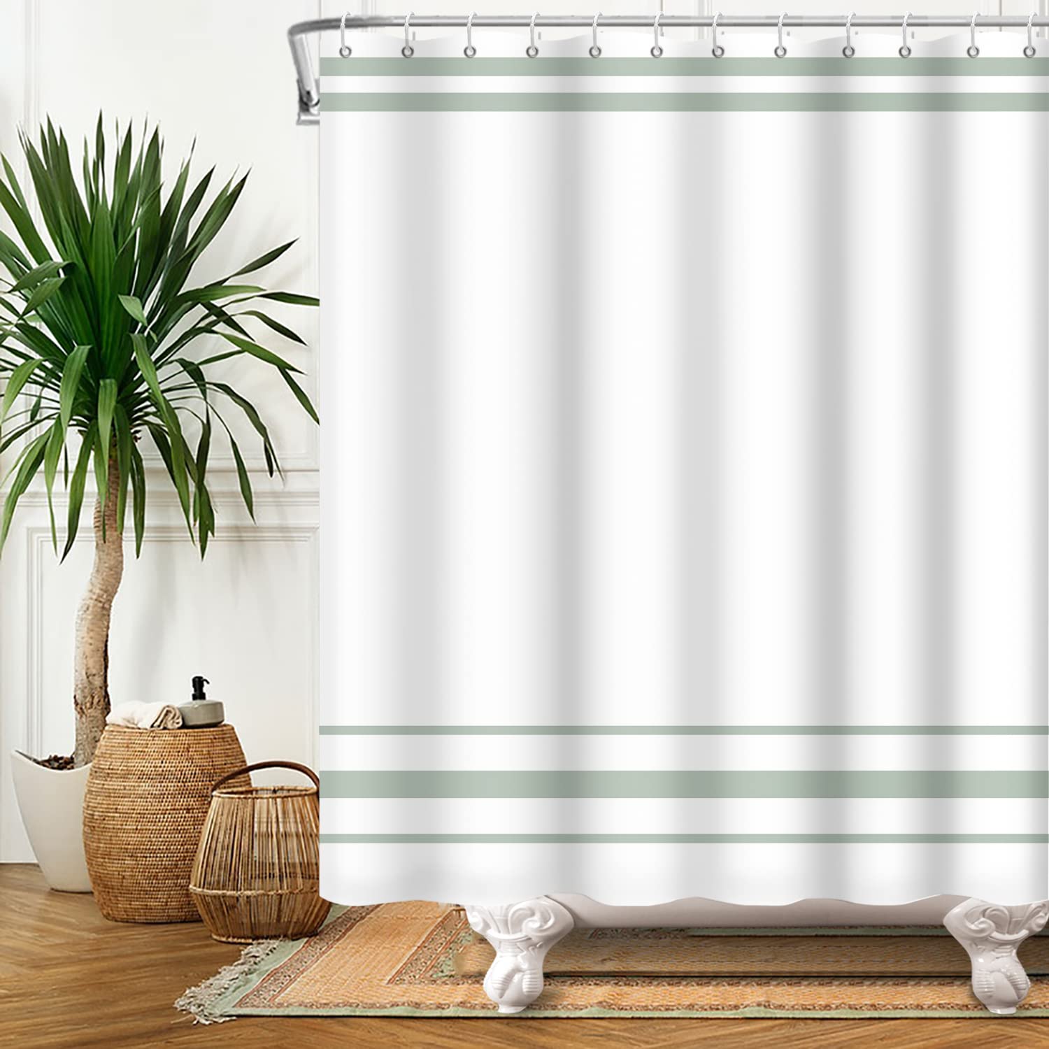 Rideau De Douche SDOTPMT 180x180cm Rayé Vert Et Blanc – Moderne, Classique, En Polyester Avec Crochets, Déco Salle De Bain