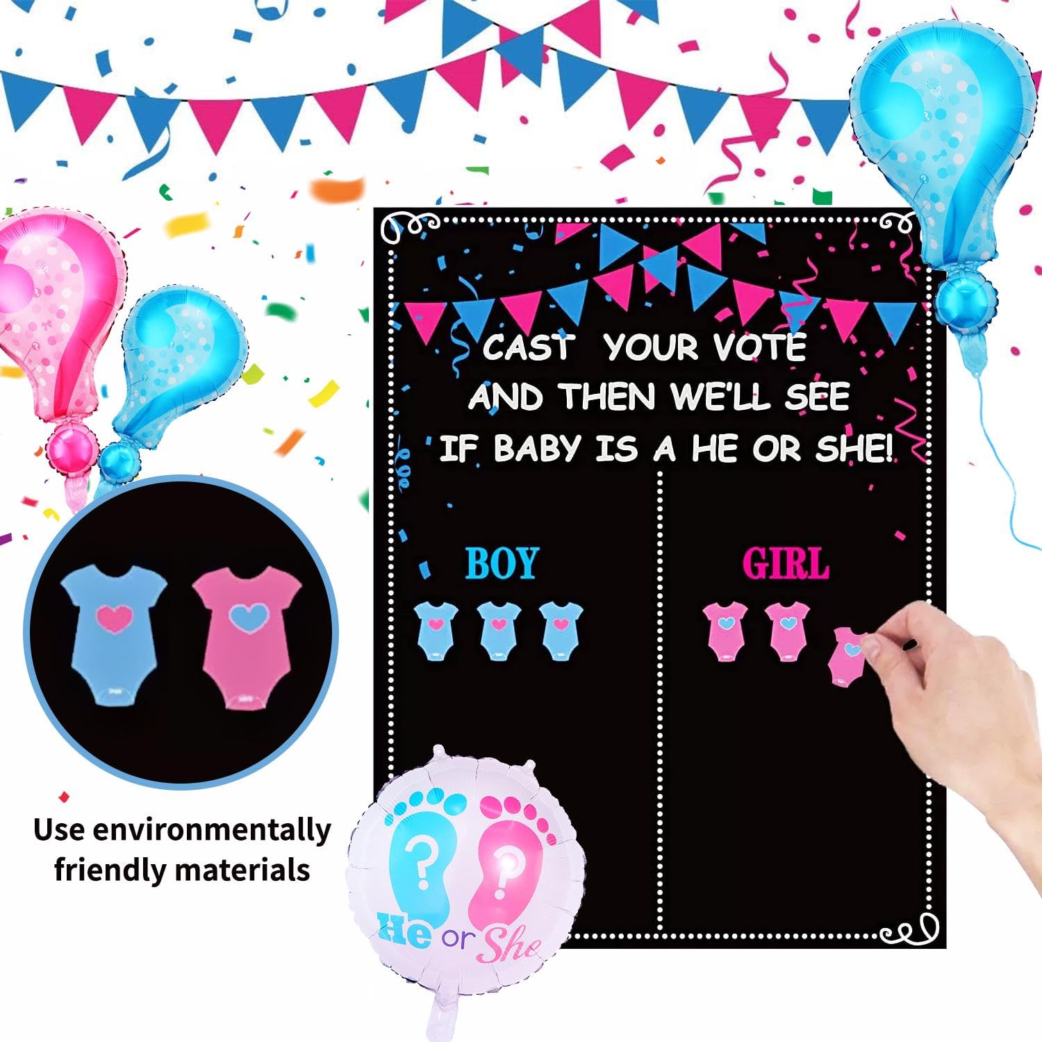 1 Set of Baby Gender Voting Board with 54 Gender Stickers, 3 Pieces of Gender Reveal Balloons, Gender Reveal Voting Board - Image 3