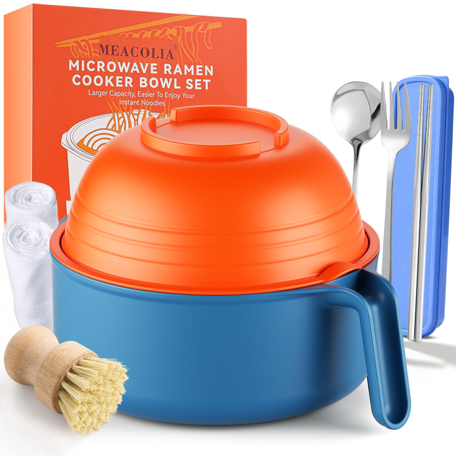 Large Ramen Bowl Set, Microwave Noodle Pasta Cooker with Lid and Strainer, Microwave Steamer for Vegetables, with Stainless Steel Chopsticks, Spoon, Fork, for Office, College, Dorm, Gift (Orange)