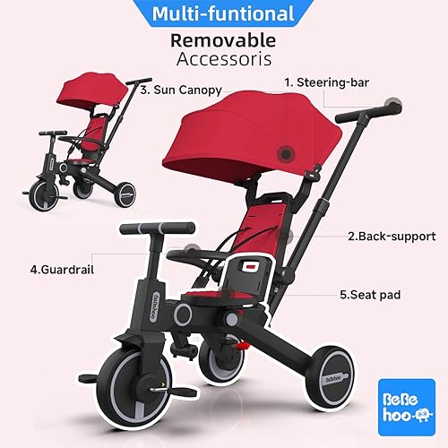 Miniatura 10 de Cochecito de triciclo para niños pequeños, triciclo plegable para bebés, bicicleta de equilibrio para niños con mango de empuje, bicicleta de