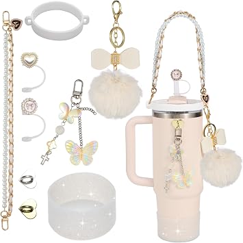 Bling Stanley Cup Accessory Set 9Pcs for 30oz & 40oz Tumblers | Bling Decor Kit: Silicone Straw Toppers, Glitter Cup Boot, Pearl Strap, Pom Pom Bow Charms, Fashion Gift for Women Girls