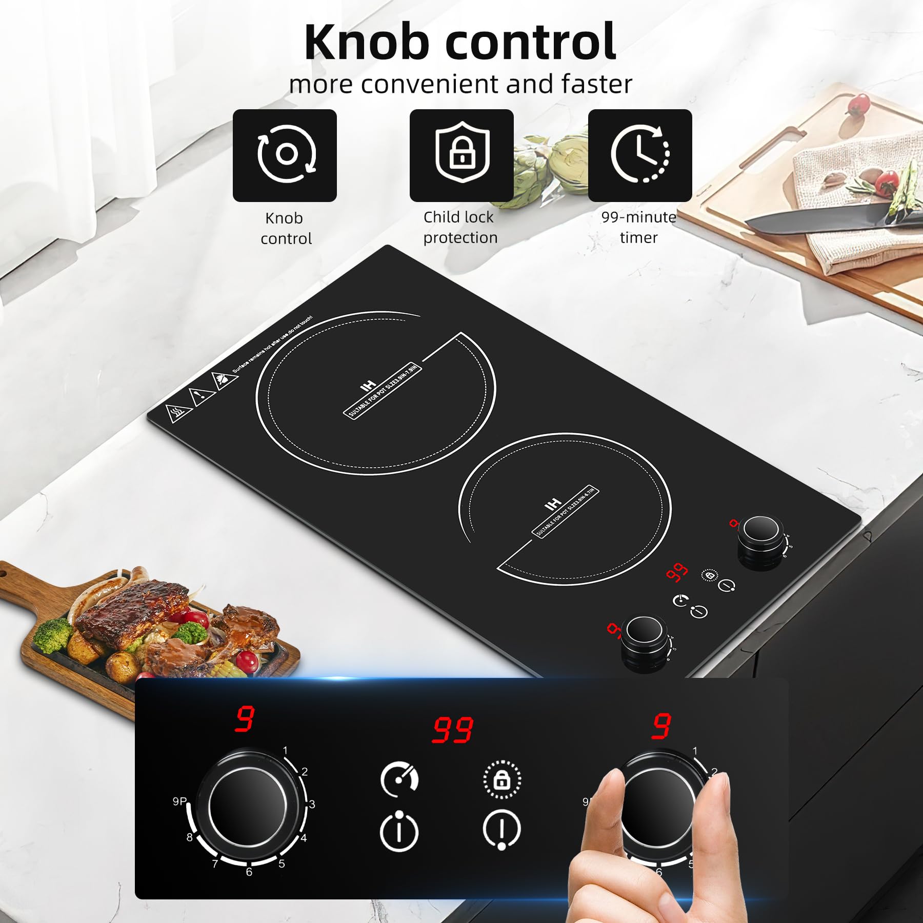 Wesonorous Double Induction Cooktop,110V 2600W 2 burner induction cooktop with hot plat with LED Touch Screen 10 Levels,Child Safety Lock & Timer view 5