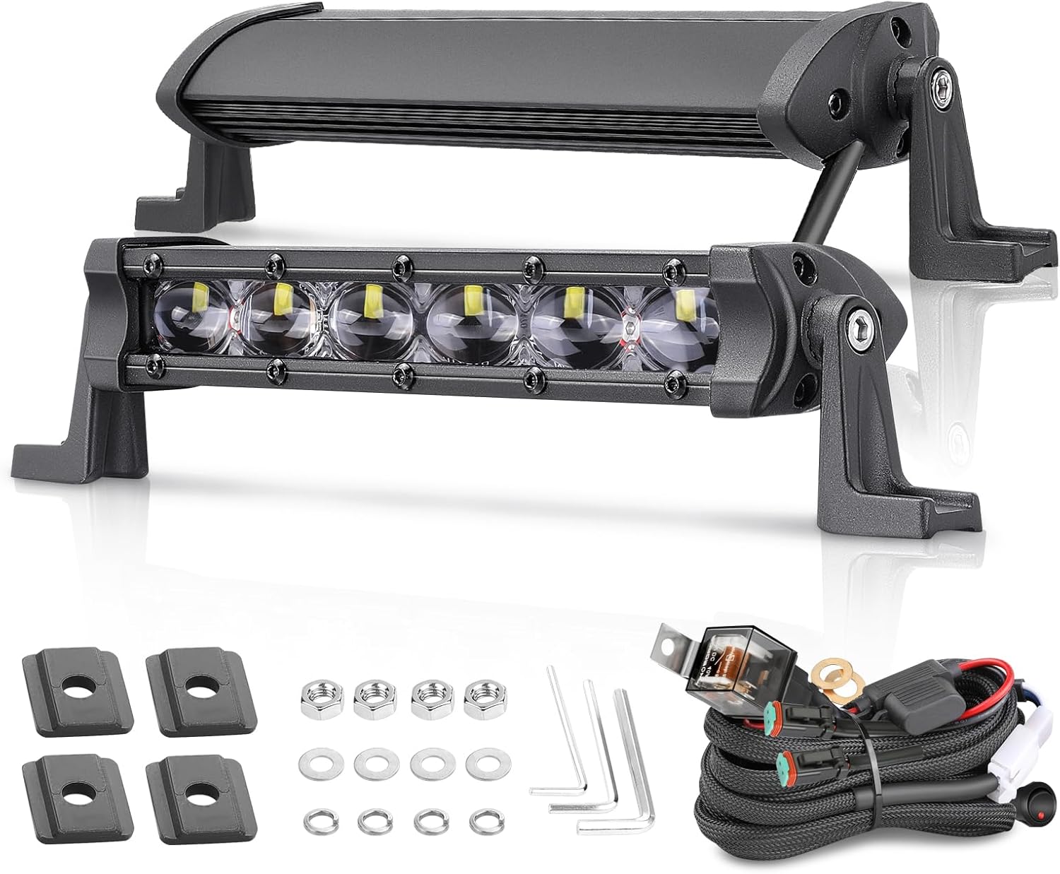 6 Inch Light Bar with Wiring Harness, Niwaker 2Pcs 96W Slim LED Work Lights Off Road Driving Lightbar Flood Reverse Backup Lights Single Row LED Light Bar for Truck SUV UTV ATV Dirt Bike Boat