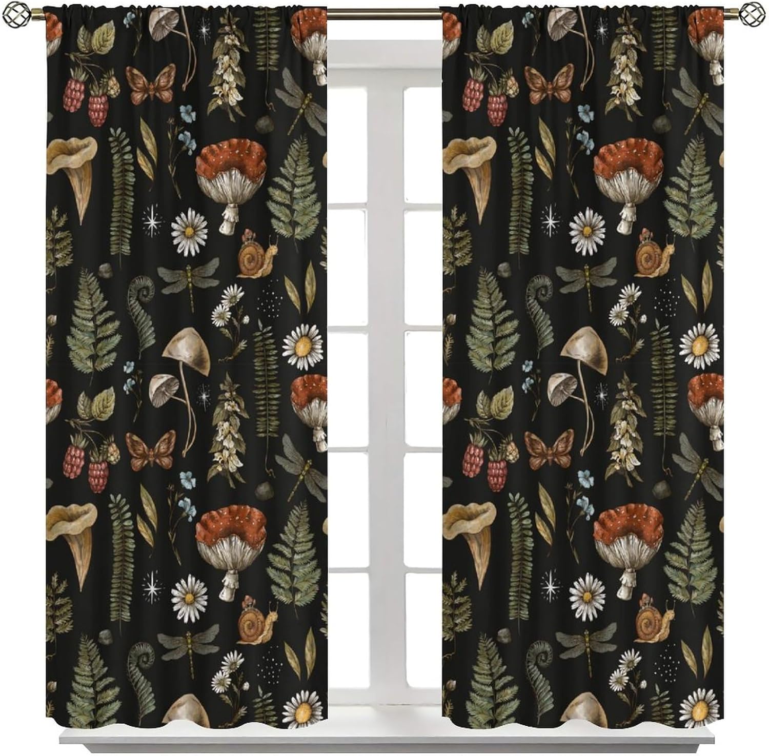 Rustic Mushroom Curtains, Vintage Black Fairytale Boho Forest Woodland Leaves Plants Mushrooms Flowers Blackout Windows Treatments, Thermal Insulated Drapes for Kids Boys Girls Bedroom 42x63in