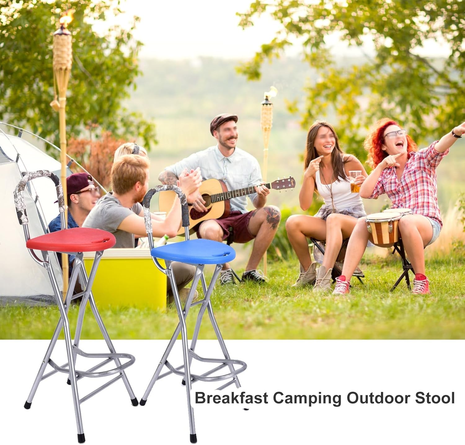 28 inch Folding Stool for Adults, Red Portable Indoor Tall stools with Handle, Plastic Stool Kitchen Bathroom, Breakfast High Chair, Camping