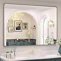 Vista 52 de OKPAL 16x24 Espejo de baño de bronce, espejo de marco de bronce rectangular redondeado, espejo de tocador de baño de bronce cepillado para montar