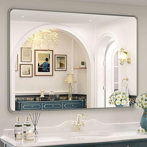 Miniatura 56 de OKPAL Espejo de Baño con Marco de Metal Negro de 40 x 36 Pulgadas para Pared, Espejo de Tocador de Baño Negro Mate, Espejo Rectangular Redondeado