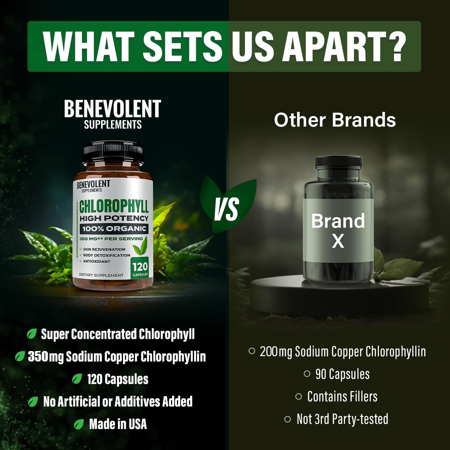 Benevolent Chlorophyll Capsules 350mg - 100% Natural + Ultra Chlorophyll 20x Potency Concentration for Energy Boost, Immune Support, Internal Deodorant, Skin Health, Non-GMO, 120 Capsules - Image 5