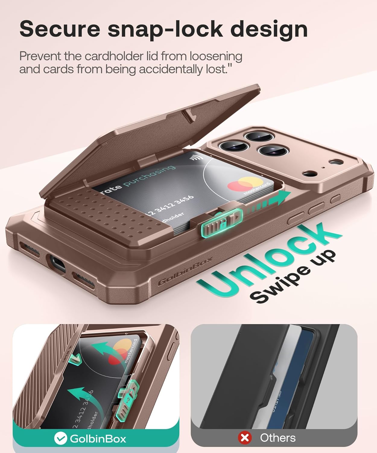 GolbinBox for iPhone 17 Pro Max Case with Card Holder and Safety Lcok, [RFID Protection][Holds 4-5 Cards & Cash][Camera Control Button], Rugged Card Slot Wallet Case for 17 Pro Max 6.9'', Antler Gold