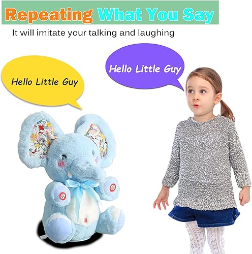 Miniatura 3 de Baby Blue Peek A Boo Elefante de peluche de elefante cantante, repite lo que dices, musical para niños pequeños con orejas en movimiento, juguete de