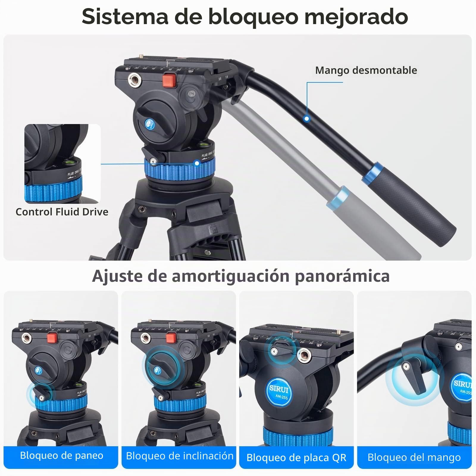 SIRUI 190cm Trípode de Vídeo, 190cm Vídeo Trípode, Trípode Profesional Resistente con Cabezal de Amortiguación de Fluido Ajustable para DSLR, Videocámara, Cámara, Carga Máxima 10kg AM-25S
