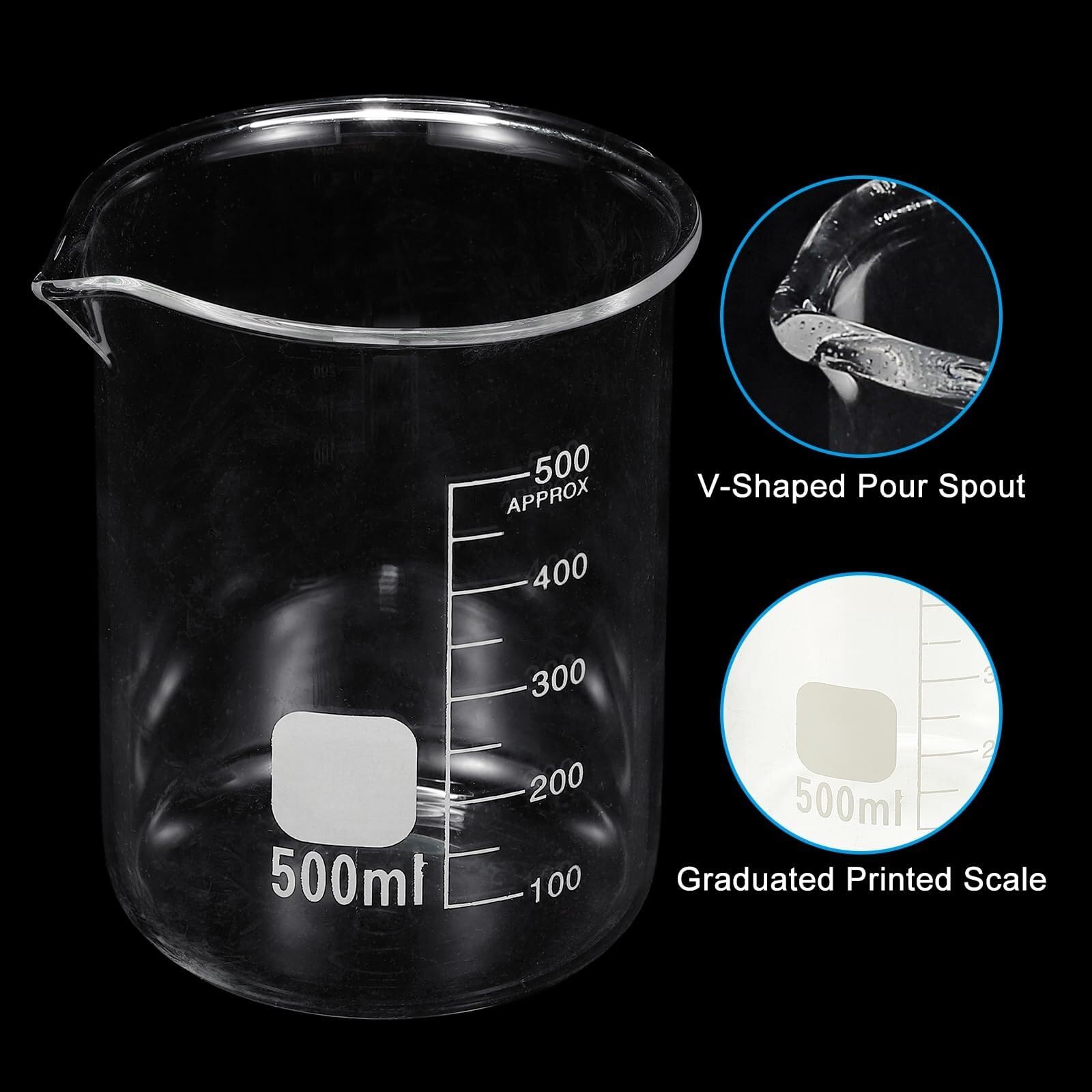 Zlewka laboratoryjna, Zlewka ze szkła borokrzemowego o pojemności 5 ml, 4 opakowania z podziałką, miarka laboratoryjna(500ml)