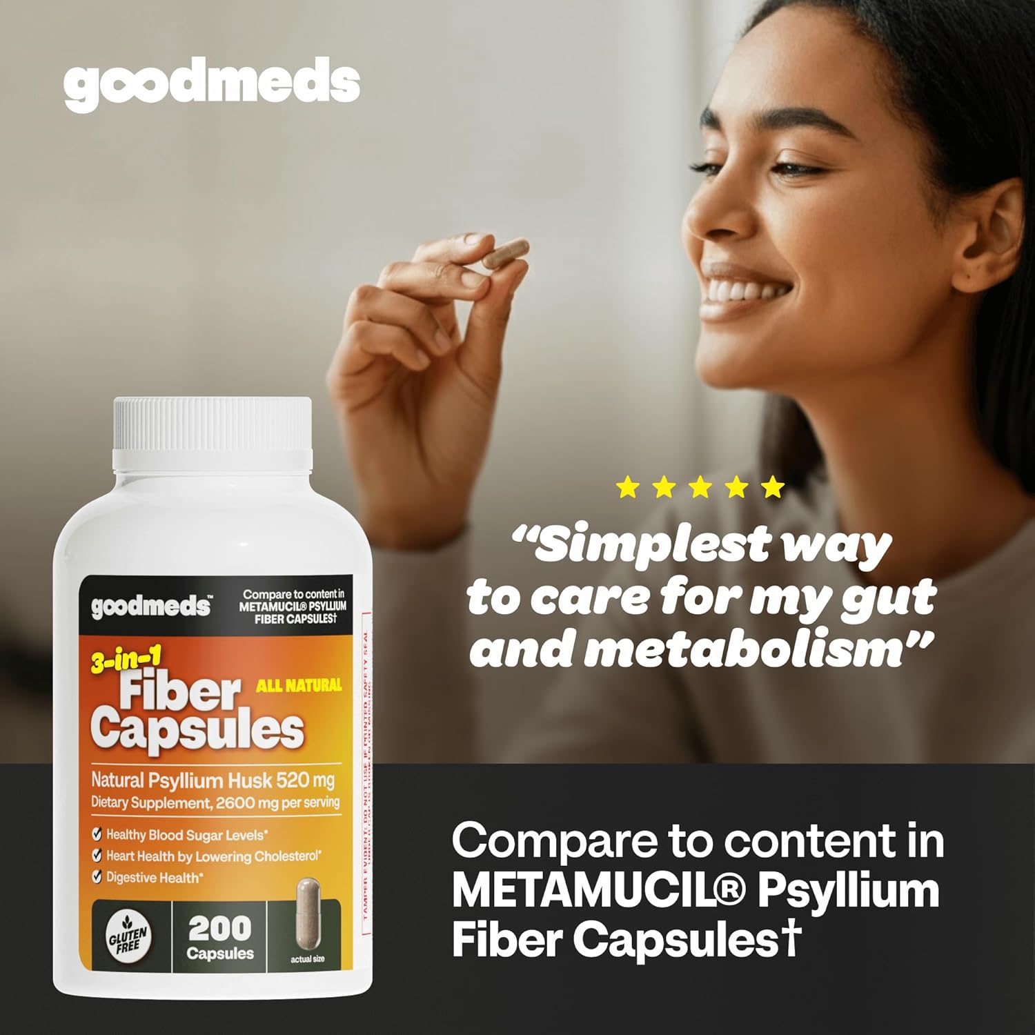 Psyllium Husk Fiber 520mg Capsules Supplement Soluble Dietary Colon Support for Women and Men, Restore Digestive Regularity and Balance (200 Count) - Image 2