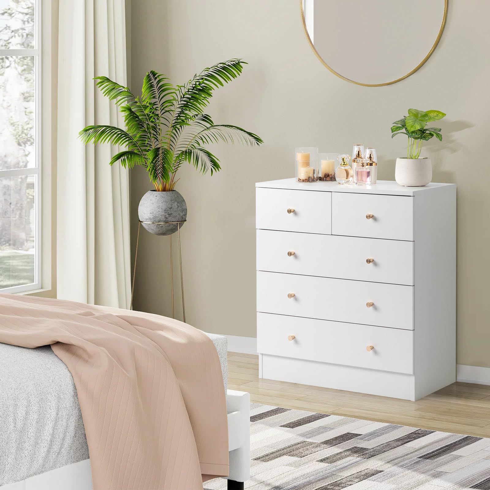 Bonnlo Commode Blanche, 5 Tiroirs avec Poignées, Meuble Rangement pour Chambre, Salle de Bain, Salon, Table de Chevet pour Adulte, Enfant, 66 x 33 x 73 cm