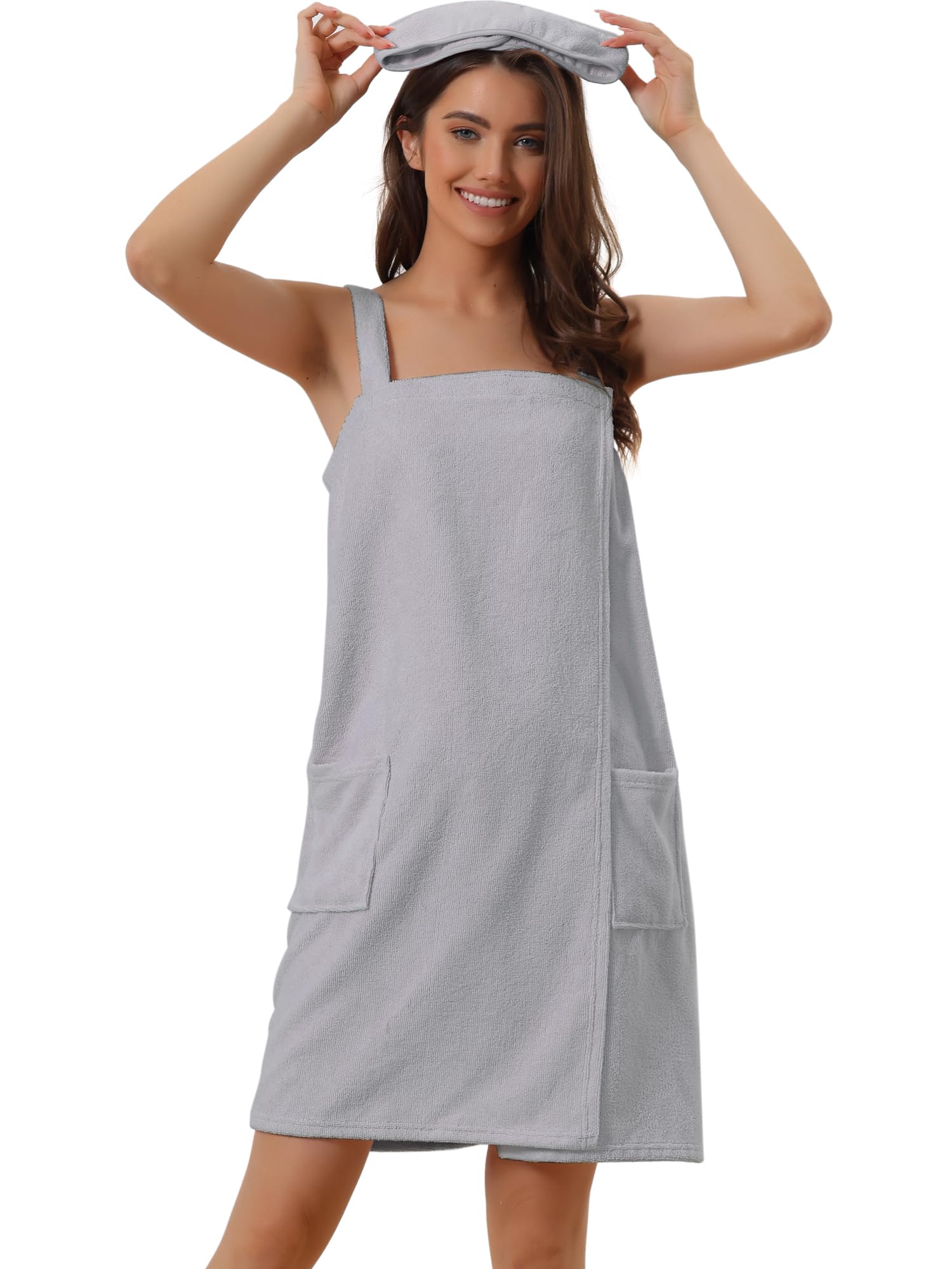 Cheibear Women's Grey Towel Dress Terry Wrap Bathrobe Spa Towelling Robe With Strap For Gym Shower Bath S