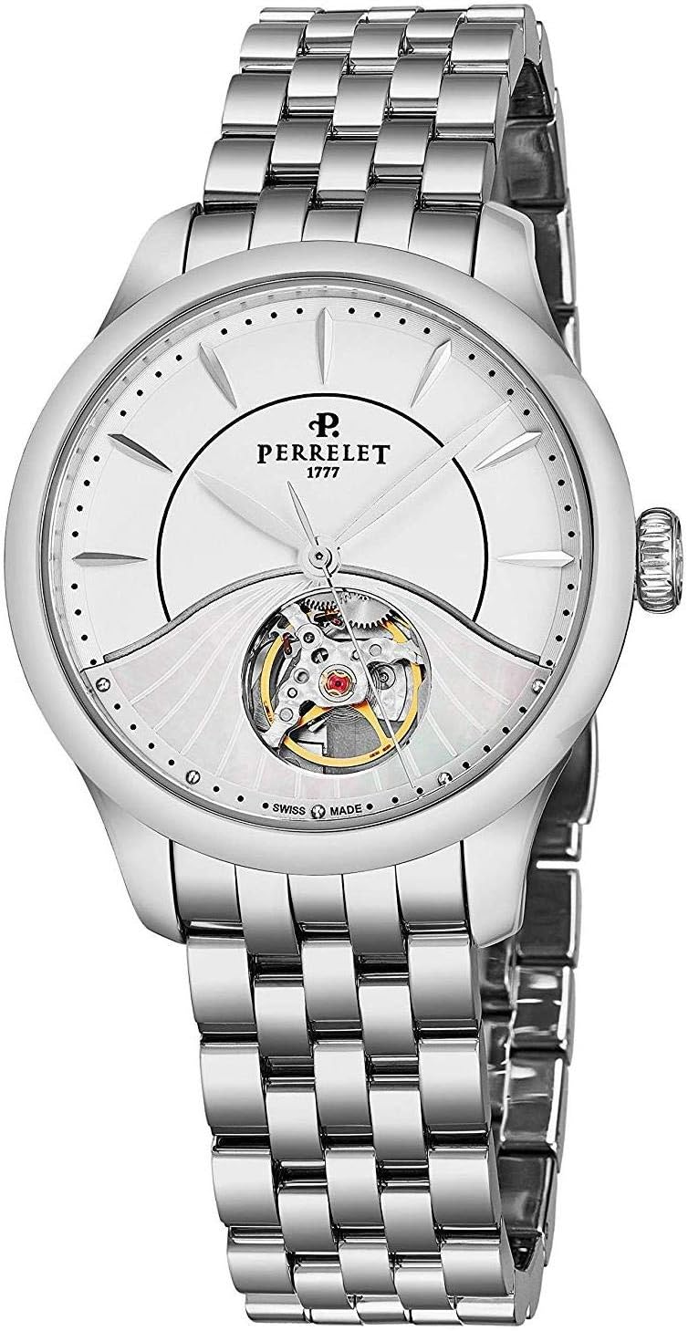 Perrelet First Class Lady Open Heart Womens Automatic Watch - 35mm Mother of Pearl Face Ladies Dress Watch with Second Hand - Stainless Steel Band Swiss Made Luxury Watches for Women A2067/9