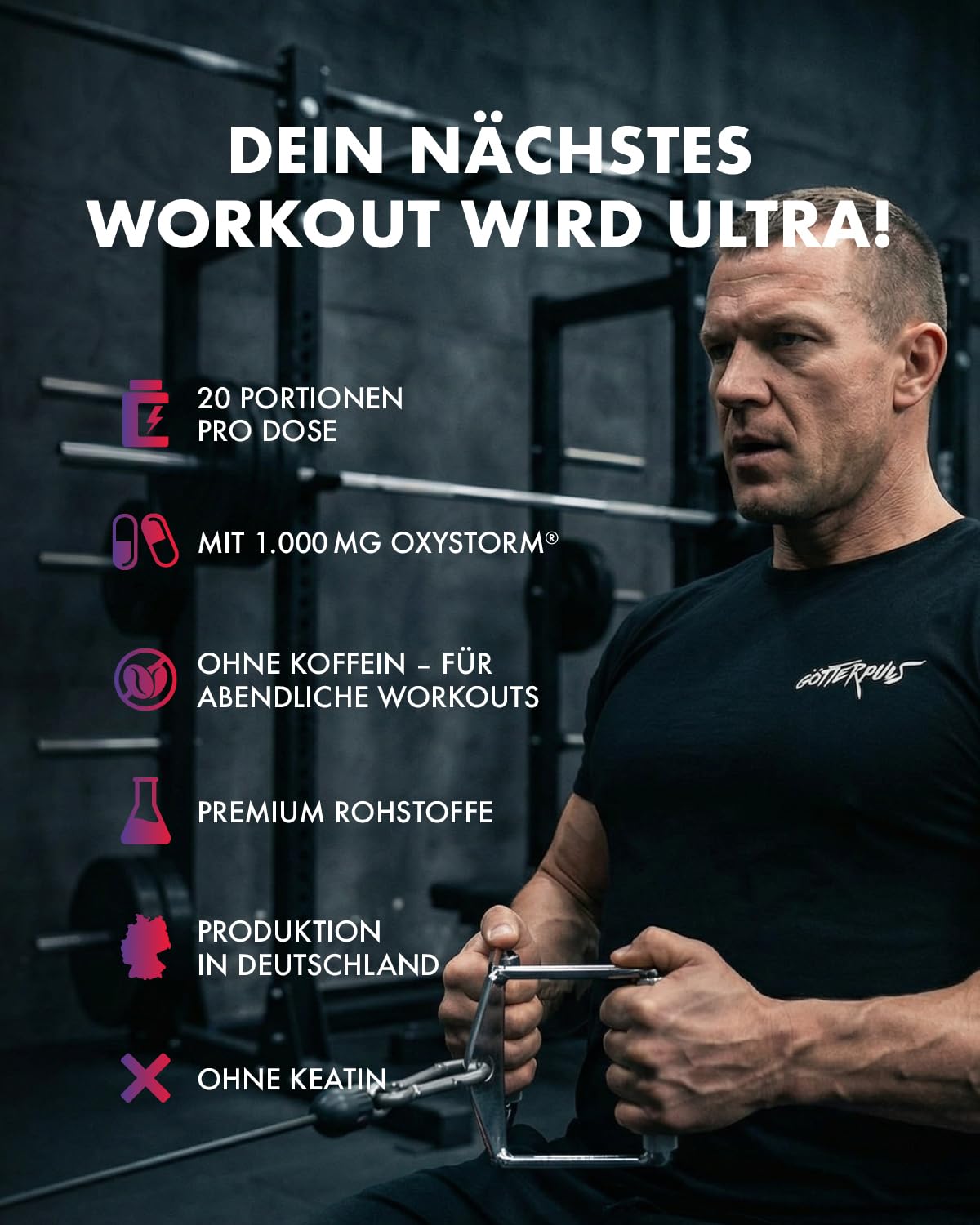 Götterpuls ULTRA Pre Workout (koffeinfrei) 480g Pulver RED EDITION | L-Citrullin, OXYSTORM, Citicolin & Cyclic Dextrin – Vegan – 480g Pulver – 20 Portionen – Himbeere-Kirsche-Erdbeere