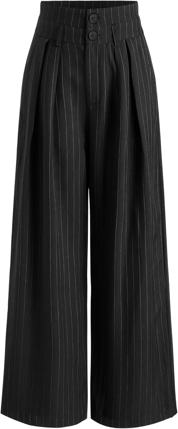 CIDER Womens Pants Striped Pleated Wide Leg Trousers Office Business Casual Mid Waist Button Pants for Women