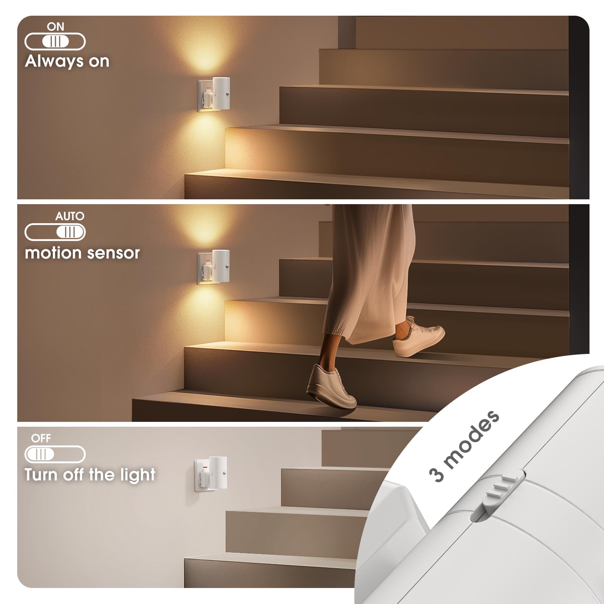 JandCase Motion Sensor Night Light Plug in Wall, Plug in Night Light, ON/Off/AUTO Lighting Mode, Warm White, Dimmable 0-100LM - Image 2