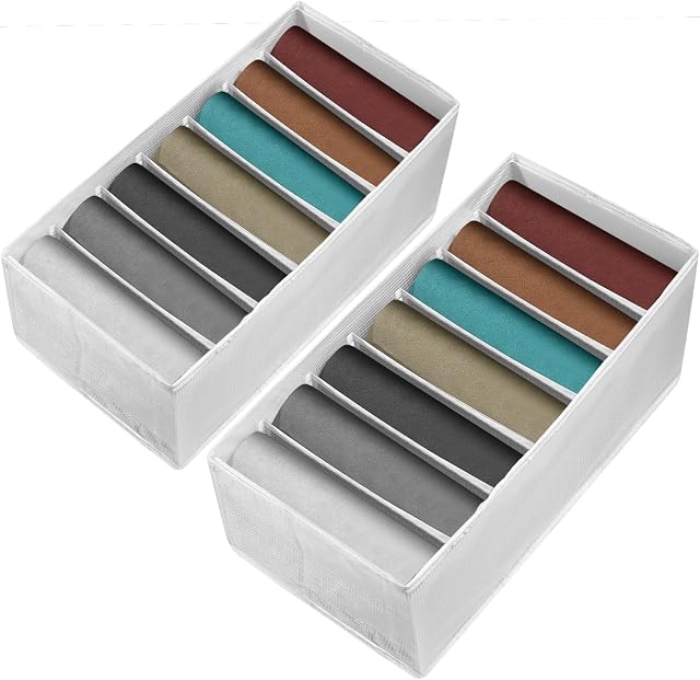 2 Pcs Wardrobe Organiser Boxes, Clothes Organiser for Wardrobe, Drawer Clothes Storage Boxes, Foldable Wardrobe Jeans Trousers Pants Dividers Organizer Storage Boxes with 7 Grids - Large/Medium