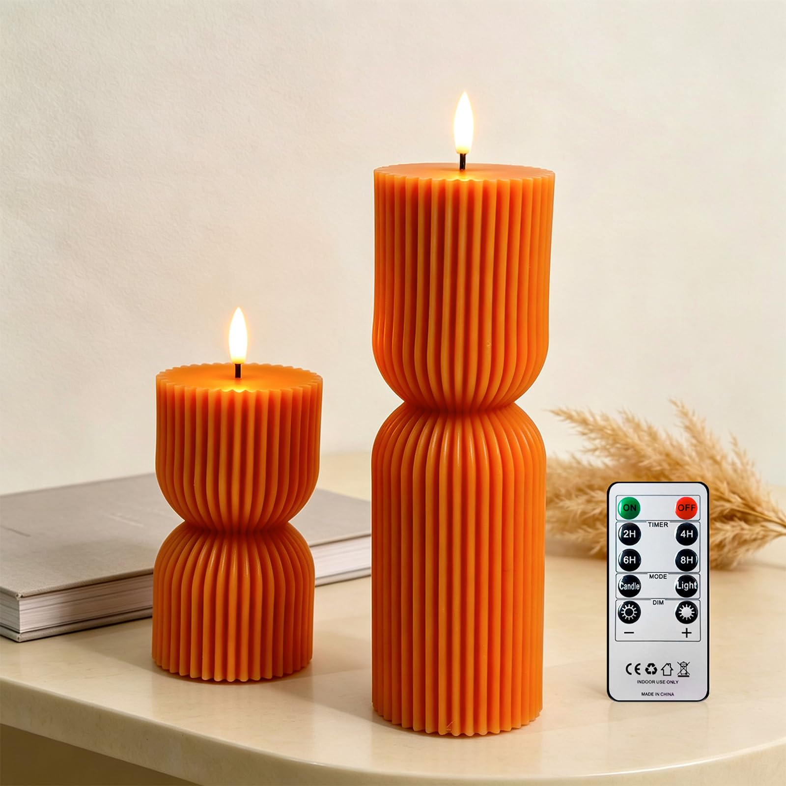 AnnSpa 2 Pack Stripe LED Candles with Timer Remote Control, Battery Operate Flameless Real Wax Flickering Wick, Yellow Light Pillar Candles for Wedding Dinner Christmas Holiday Decor Candles - Orange