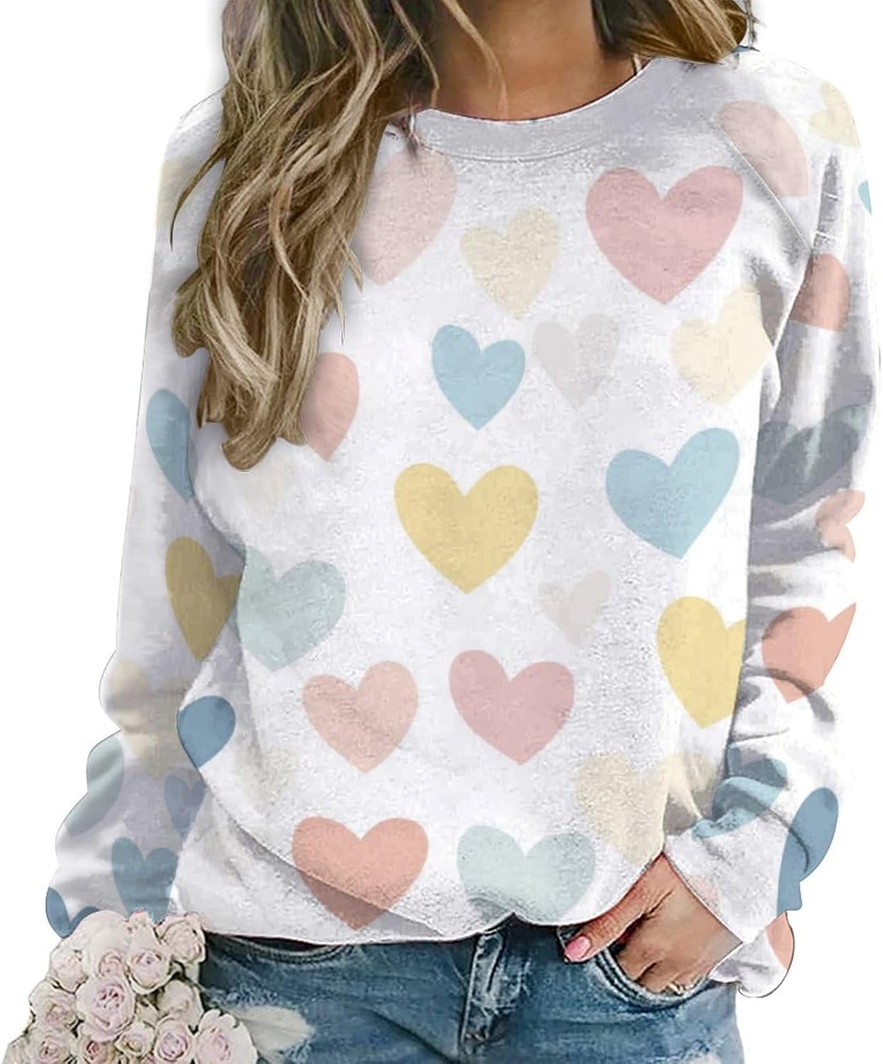 domirica Women's Heart Print Oversized Crewneck Sweatshirts Casual Plus Size Comfy Long Sleeve Pullover Tops