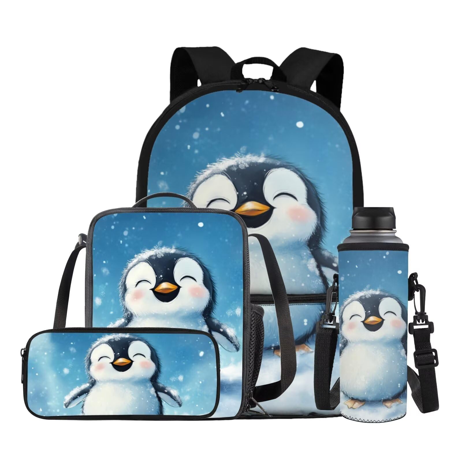 Gomyblomy Cute Penguin Backpack for Girls 6-8 8-10 Lightweight Kids Backpack with Lunch Box and Water Bottle Holder 4 in 1 Set Girls Bookbag School