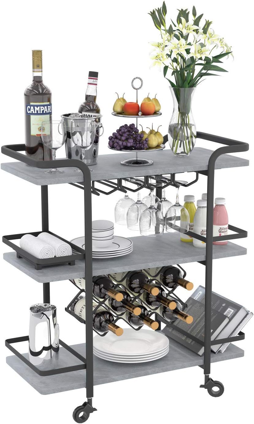 Jubao Bar Serving Cart, 3-Tier Storage Serving Cart Rolling Wine Trolley Kitchen Island Cart with Wine Glass Holder, Handle Racks with Litght Stone Finish Wood and Gold Metal Commercial or Home Used - Bar & Serving Carts