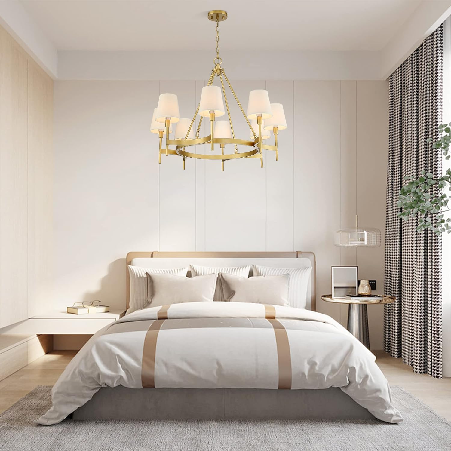 Untrammelife 8 Lights Gold Wagon Wheel Drum Chandelier, 30" Large Round Pendant Lighting Fixture with White Shade for Dining Room Living Room Bedroom Kitchen Island
