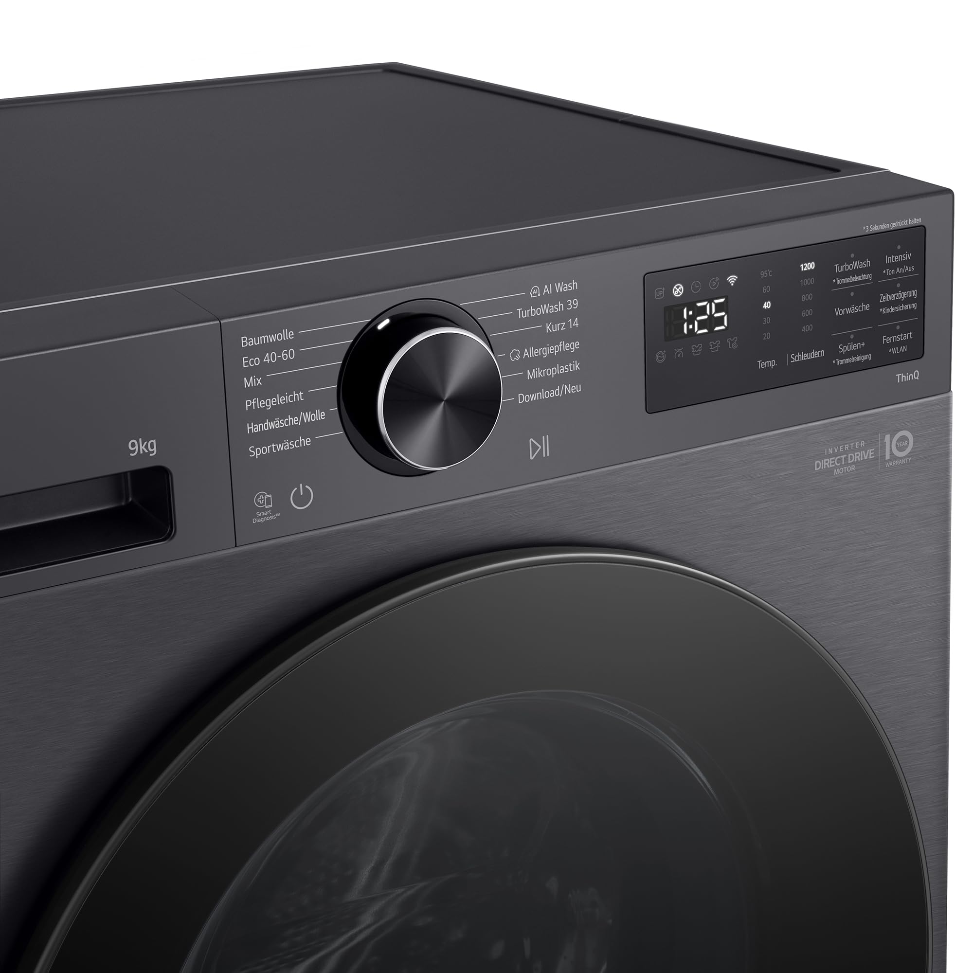 LG F2X7SLIM9B Waschmaschine, Frontlader, 9 kg, Dampffunktion, AI Wash, Inverter Direct Drive, Restzeitanzeige, Schwarz