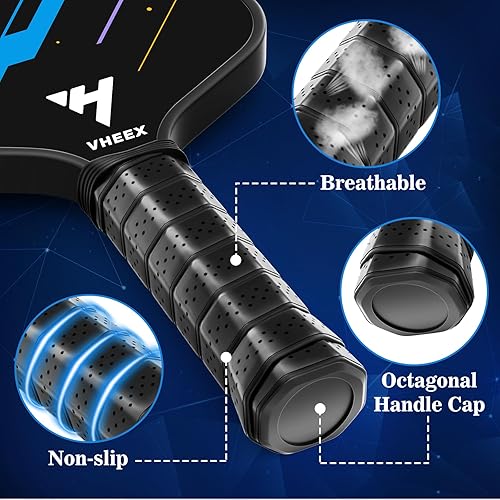 Miniatura 4 de Juego de 4 palas de pickleball de fibra de carbono de 0.63 pulgadas, ligeras, silenciosas, para interiores y exteriores, equipo de pickleball con 4