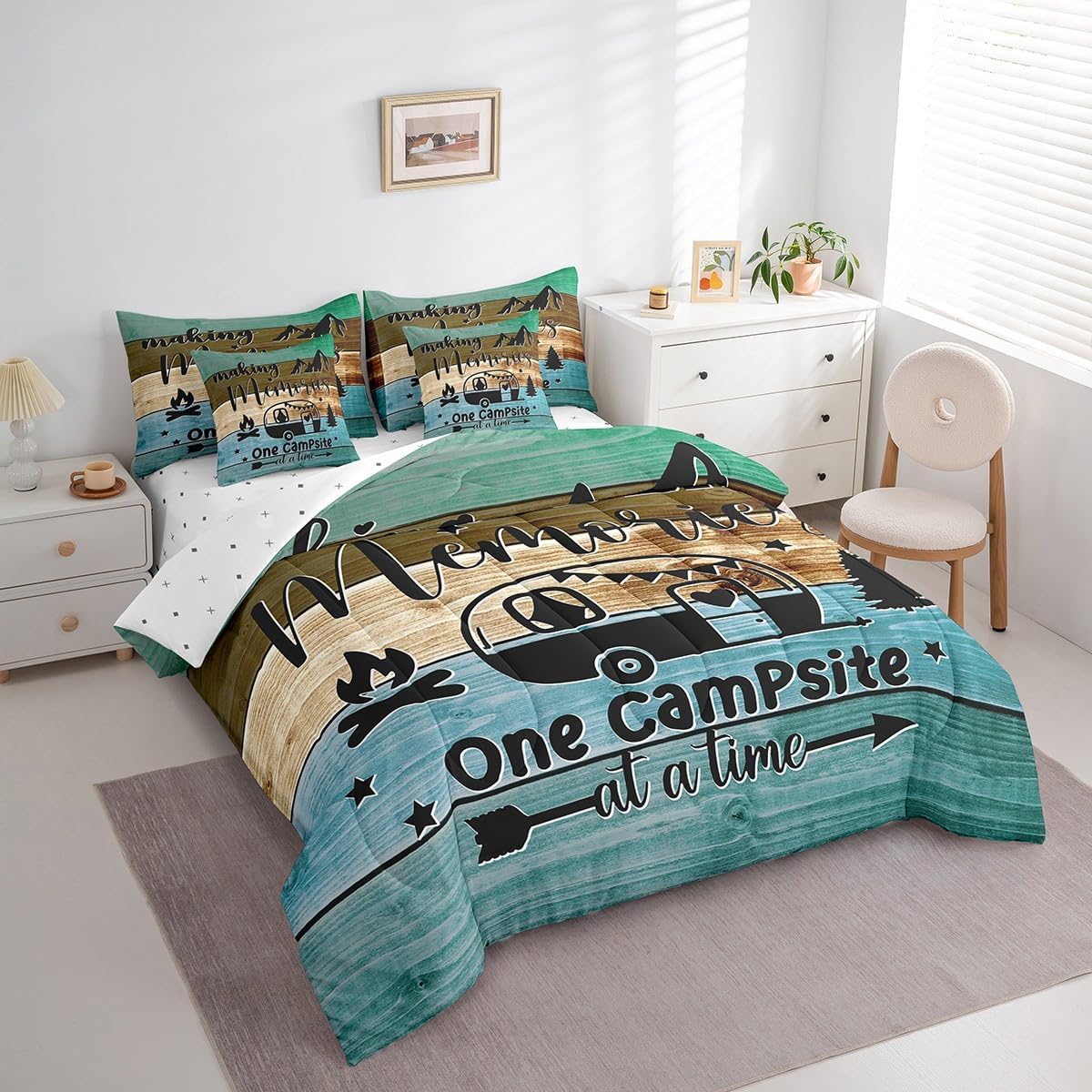 Feelyou Kids Camper Queen Size Comforter Set with Sheets Happy Camping 7 Pieces Bedding Set for Boys Girls Teens RV Decorations Vintage Wooden Planks Bed in a Bag Rustic Farmhouse Style Bed Set