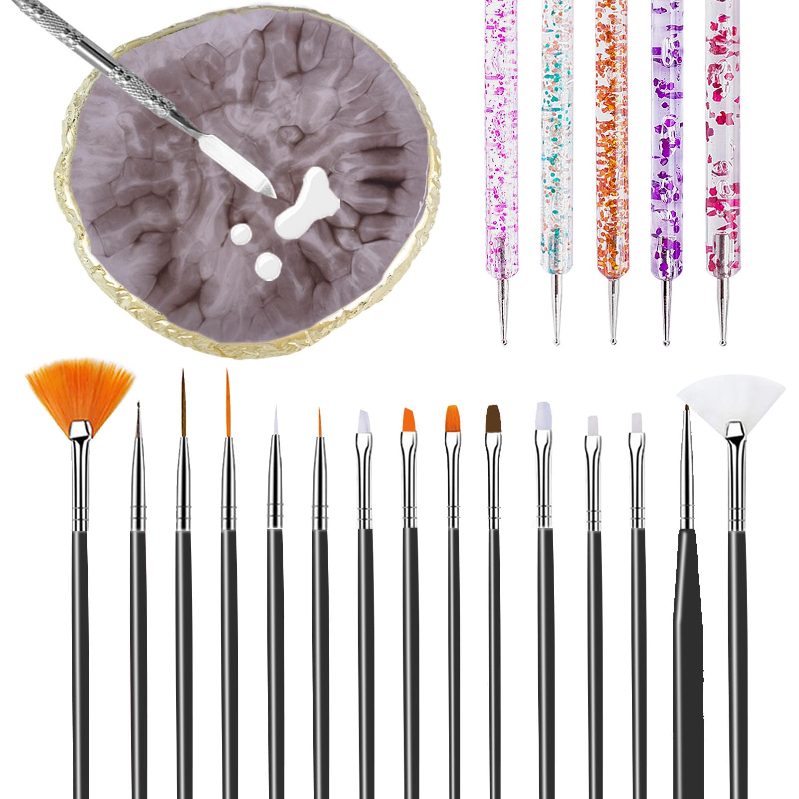 22 Pcs Nail Art Brushes Set, 1 Pcs Resin Nail Art Palette, 15 Pcs Nail Art Brushes, 5 Pcs Nail Art Dotting Pens, A Spatula, Nail Design Tools for Nail Art Home Salon