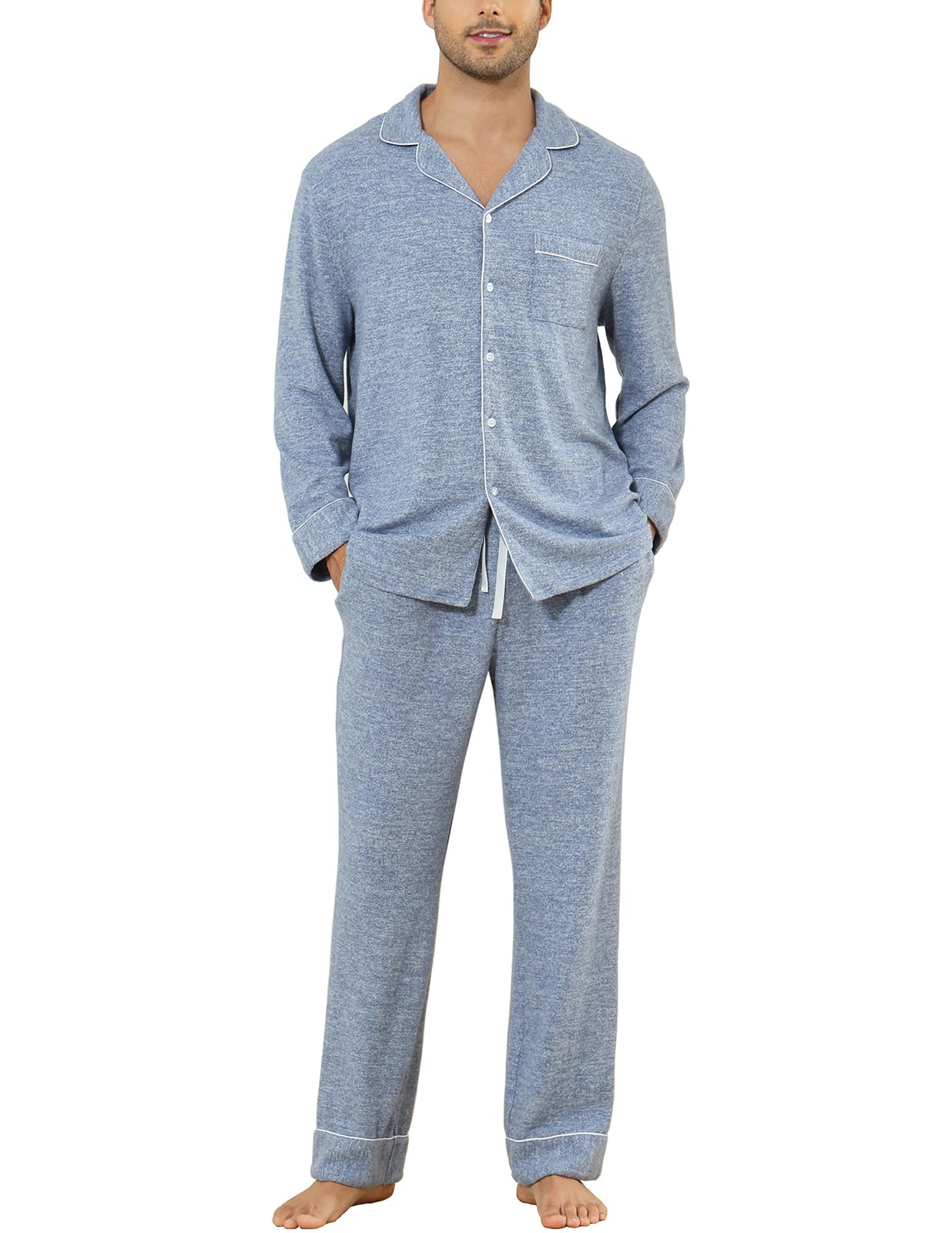 Veseacky Mens Pajamas Set Long Sleeve Soft Pajamas for Men Button Down Sleepwear Pjs Lounge Sets with Pockets S-2XL