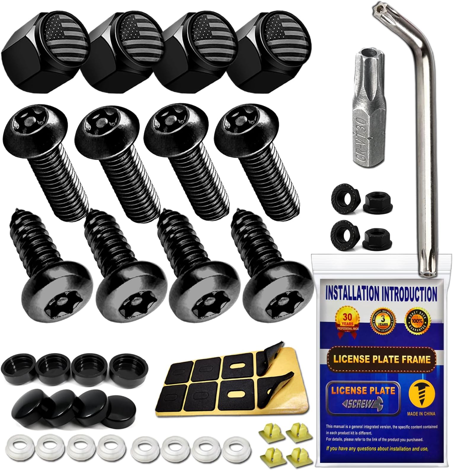 Anti Theft License Plate Screws- Black Security Bolts Fasteners for Front Rear Tag Frame Holder, 1/4'' M6 Stainless Steel Car Truck Motorcycle Mounting Hardware Kit- Screws Caps Insert Nuts