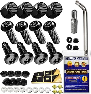 Anti Theft License Plate Screws- Black Security Bolts Fasteners for Front Rear Tag Frame Holder, 1/4'' M6 Stainless Steel Car Truck Motorcycle Mounting Hardware Kit- Screws Caps Insert Nuts
