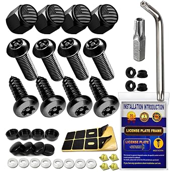 Anti Theft License Plate Screws- Black Security Bolts Fasteners for Front Rear Tag Frame Holder, 1/4 M6 Stainless Steel Car Truck Motorcycle Mounting Hardware Kit- Screws Caps Insert Nuts