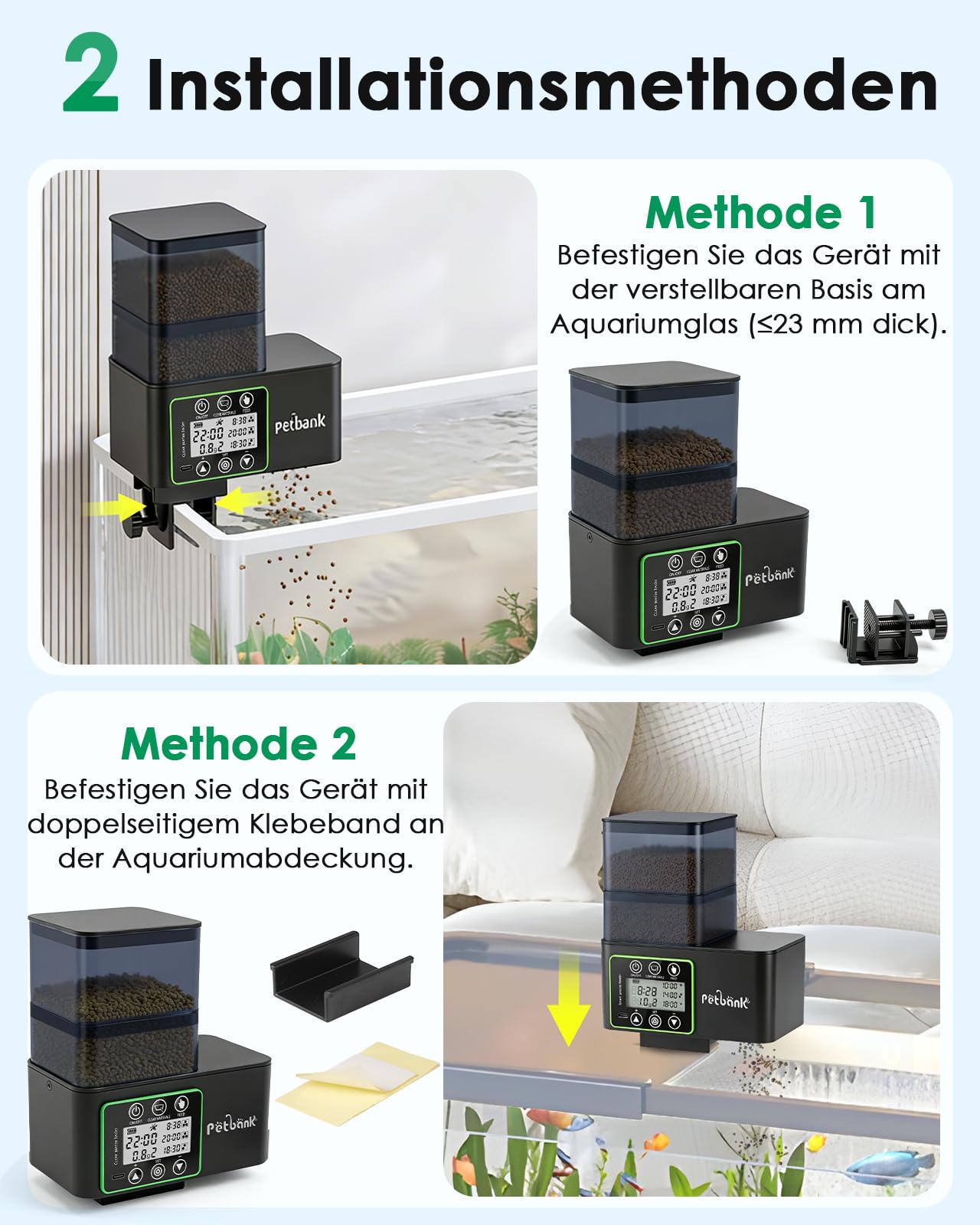 Futterautomat Aquarium, 230/510ML Automatischer Fischfutterautomat für Aquarium mit Timer, Wiederaufladbare Fische Fischfutterspender mit USB-Kabel LCD-Anzeige, Fisch Futterautomat