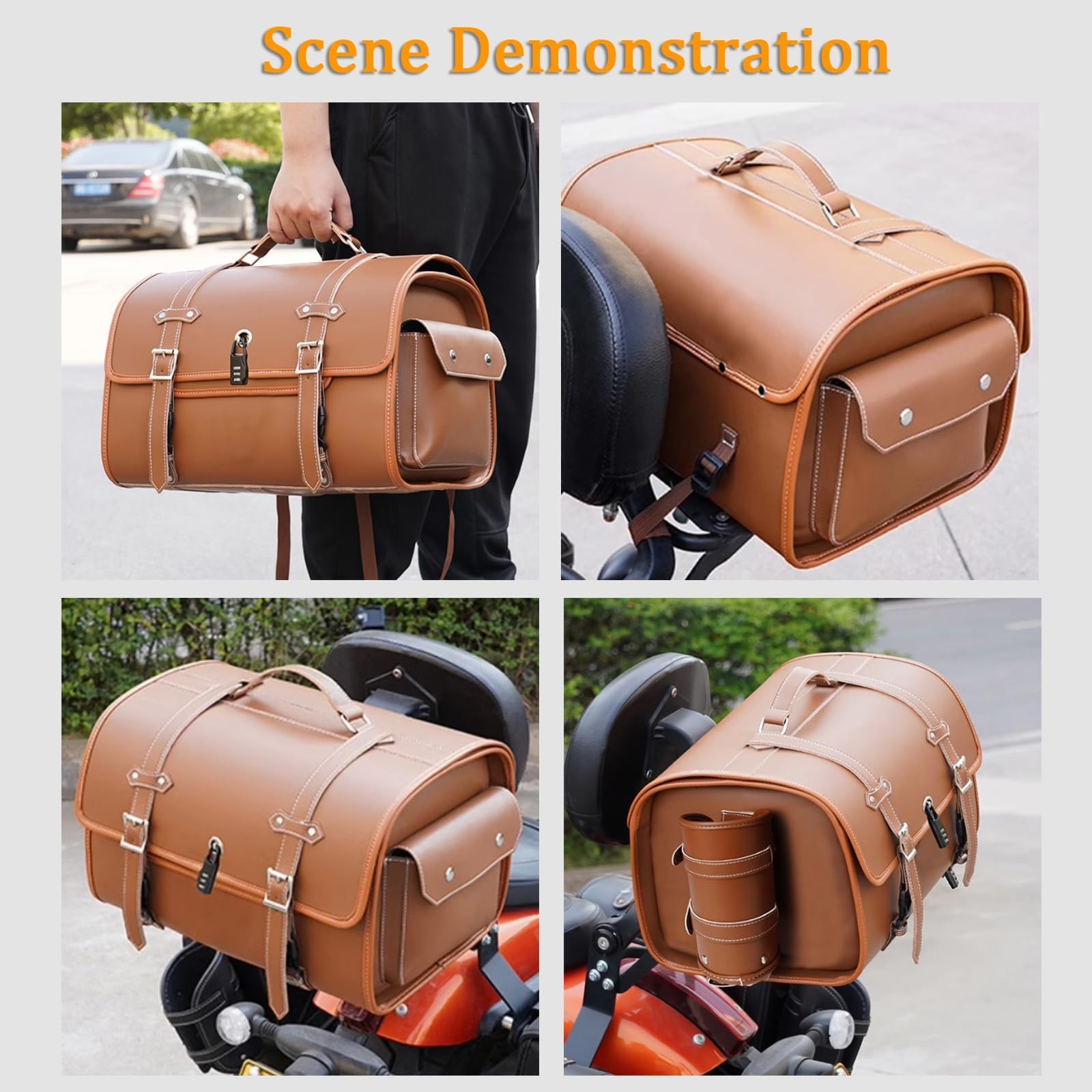 ELNas 33L Motorrad Hecktasche für Yamaha Tracer 9/GT 2021-2024, wasserdichte Leder Gepäcktasche mit Zahlenschloss Retro Motorrad Topcase, Zubehör Reisen,E Black+Brown