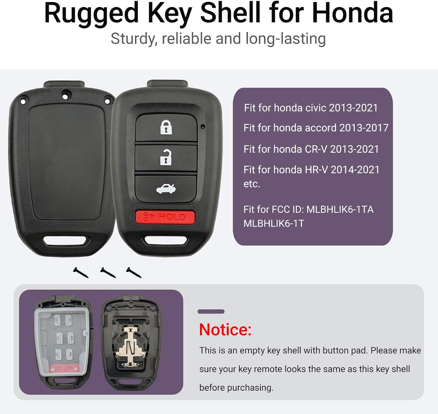 No Cutting Required - Key Fob Shell Case Replacement Fits for Honda Accord Civic CRV HRV 2013-2021 Keyless Entry Remote Key Fob 4 Button Pad Cover MLBHLIK6-1TA MLBHLIK6-1T (4 Button A)