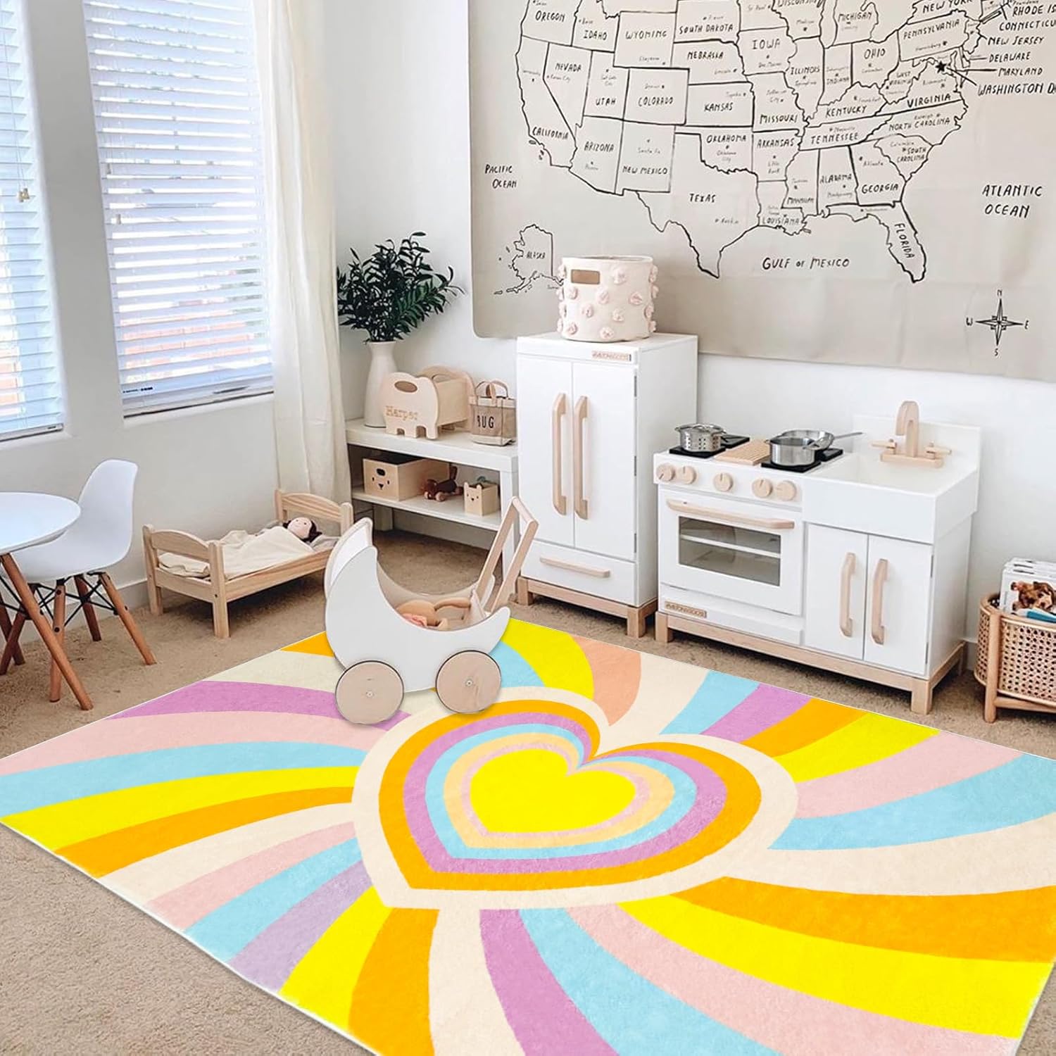 Kids Rug 4x6Ft Rainbow Heart Bedroom Carpet Modern Nursery Play Mat for Boys Girls Children Playroom Colorful Living Room Dorm Classroom Rug, Boho, Nonslip, Washable, Soft, Yellow