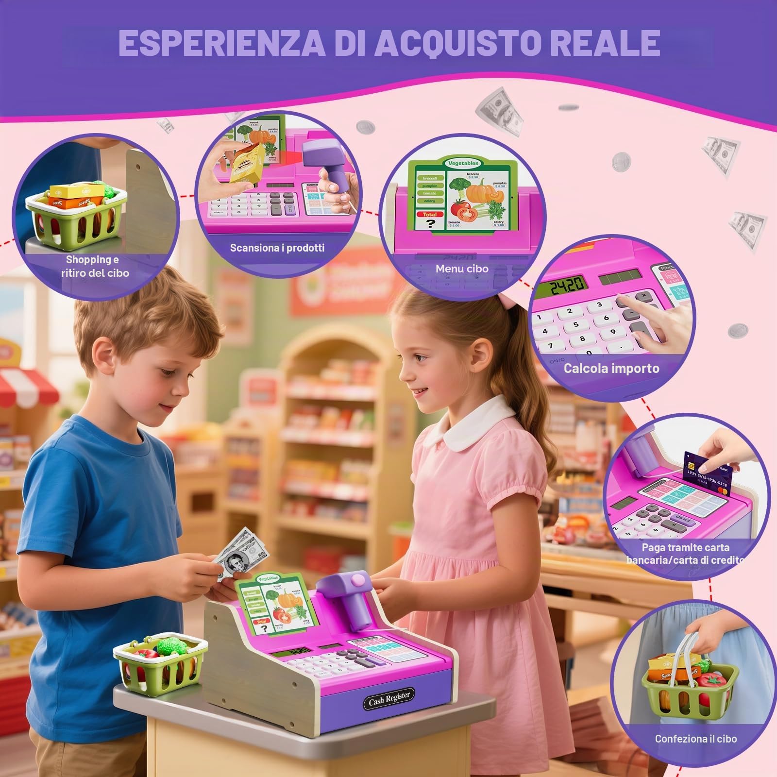 HYES Registratore di Cassa Giocattolo in Legno per Bambini con Scanner, Calcolatrice Reale, Giocattoli Soldi / Monete / Carta di Credito / Cesto Della Spesa, Giochi Regalo per Ragazzi Ragazze, Rosa